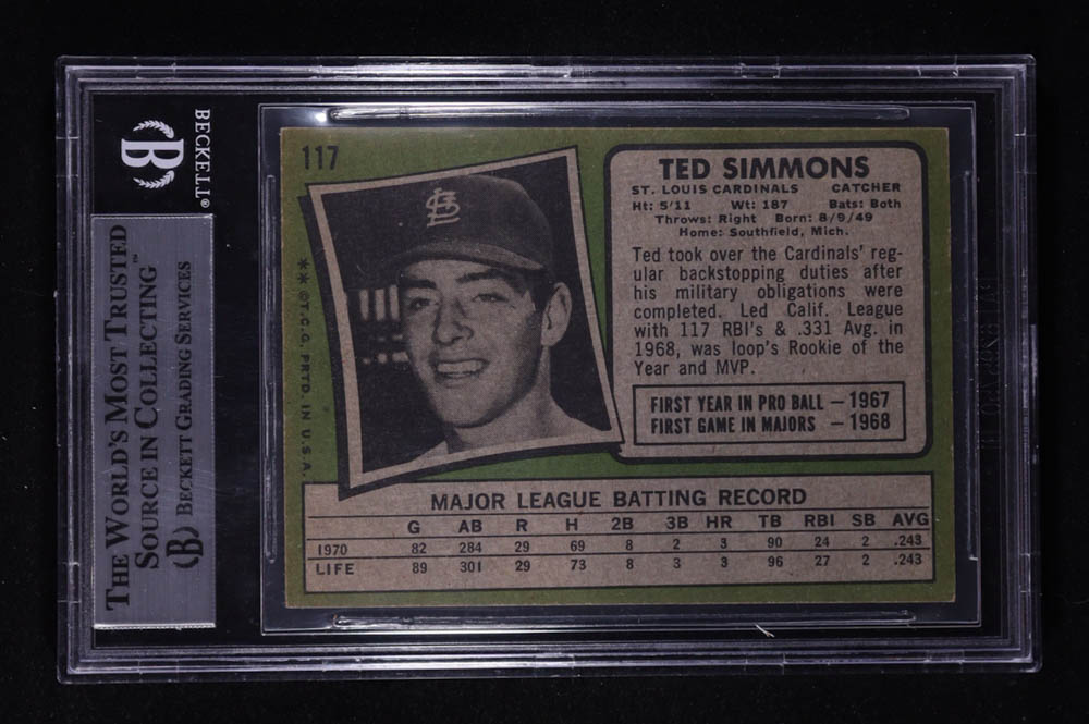 Ted Simmons Signed 1971 Topps #117 RC (BGS) at PristineAuction.com Ted Simmons Signed 1971 Topps #117 RC (BGS) at PristineAuction.com