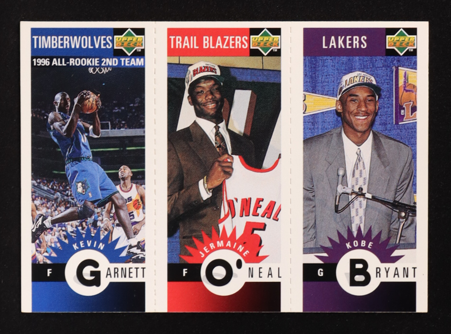 Kobe Bryant RC / Jermaine O'Neal RC / Kevin Garnett 1996-97 Collector's Choice Mini-Cards #M129 at PristineAuction.com Kobe Bryant RC / Jermaine O'Neal RC / Kevin Garnett 1996-97 Collector's Choice Mini-Cards #M129 at PristineAuction.com
