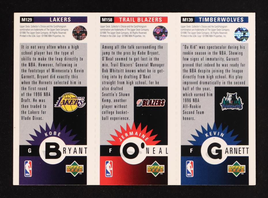 Kobe Bryant RC / Jermaine O'Neal RC / Kevin Garnett 1996-97 Collector's Choice Mini-Cards #M129 at PristineAuction.com Kobe Bryant RC / Jermaine O'Neal RC / Kevin Garnett 1996-97 Collector's Choice Mini-Cards #M129 at PristineAuction.com