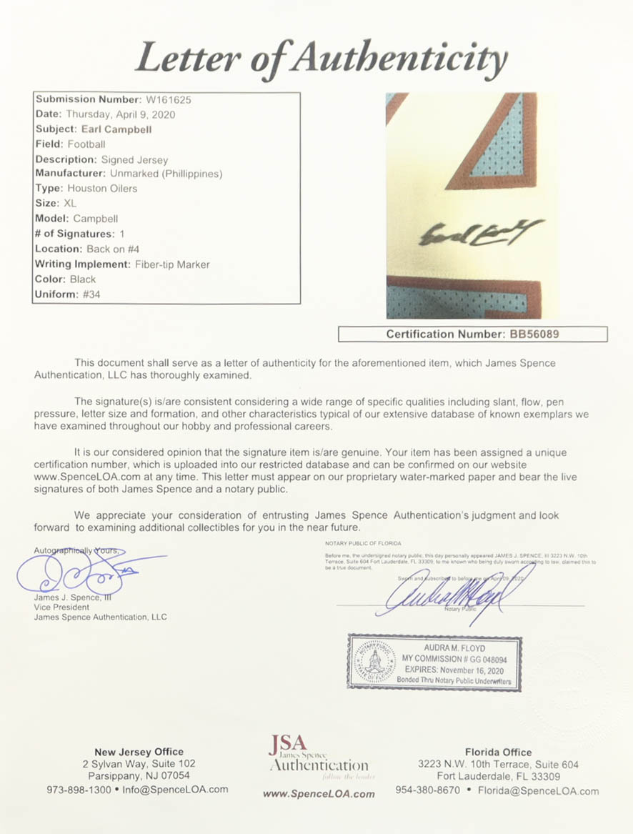 Earl Campbell Signed Jersey (JSA & Campbell) at PristineAuction.com Earl Campbell Signed Jersey (JSA & Campbell) at PristineAuction.com