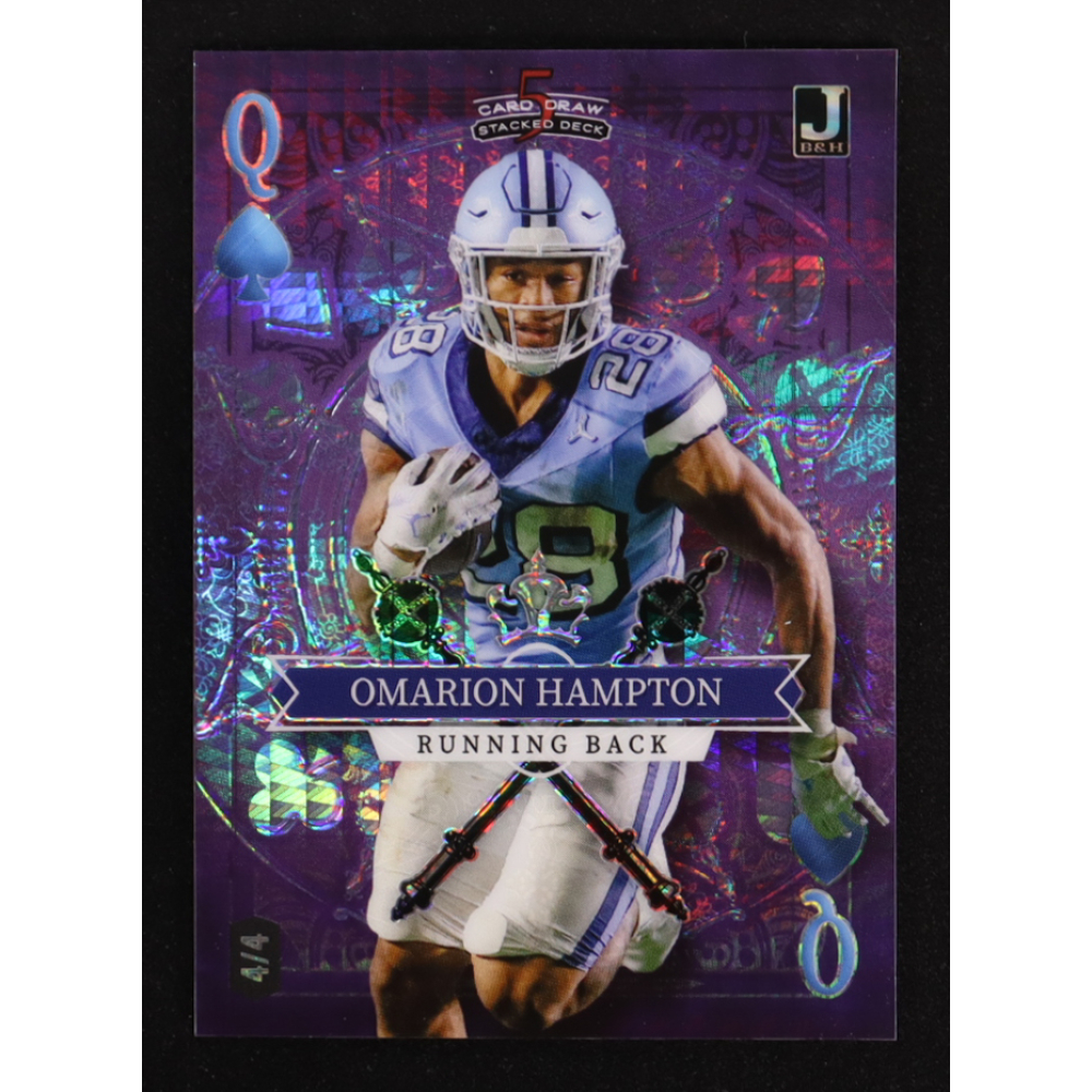 Omarion Hampton 2023 Wild Card 5 Card Draw Stacked Deck Queen Of Spades Purple Prism #SDOH #4/4 RC at PristineAuction.com
