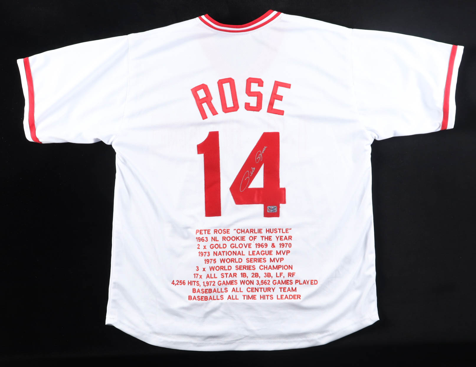 Pete Rose Signed Career Highlight Stat Jersey (Rose) at PristineAuction.com Pete Rose Signed Career Highlight Stat Jersey (Rose) at PristineAuction.com