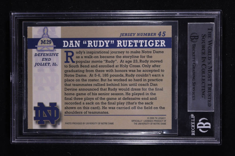 Rudy Ruettiger Signed 2003-04 Notre Dame TK Legacy #M29 (BGS) at PristineAuction.com Rudy Ruettiger Signed 2003-04 Notre Dame TK Legacy #M29 (BGS) at PristineAuction.com