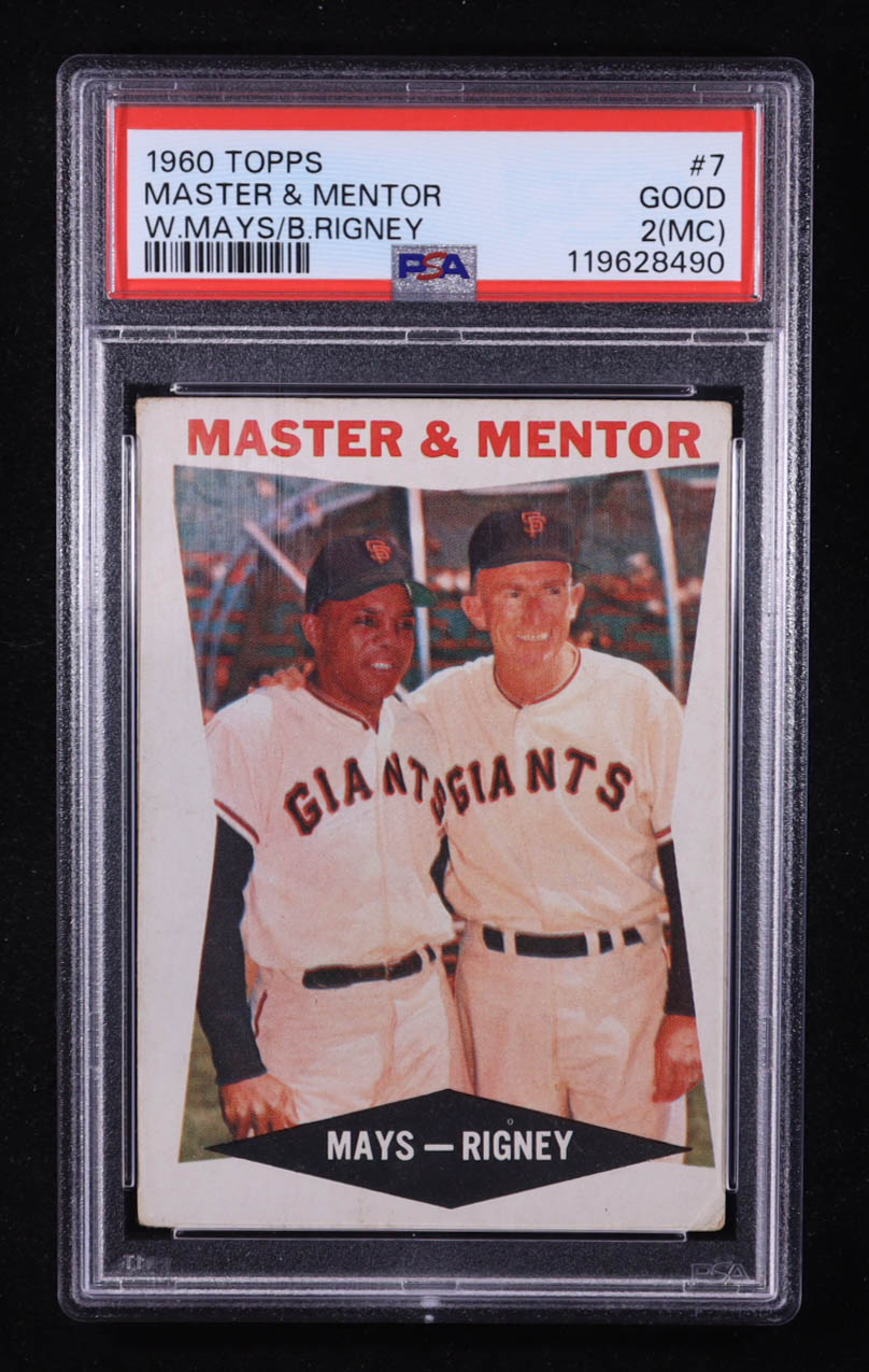 Willie Mays / Bill Rigney MG 1960 Topps #7 / Master and Mentor (PSA 2) (MC) at PristineAuction.com Willie Mays / Bill Rigney MG 1960 Topps #7 / Master and Mentor (PSA 2) (MC) at PristineAuction.com
