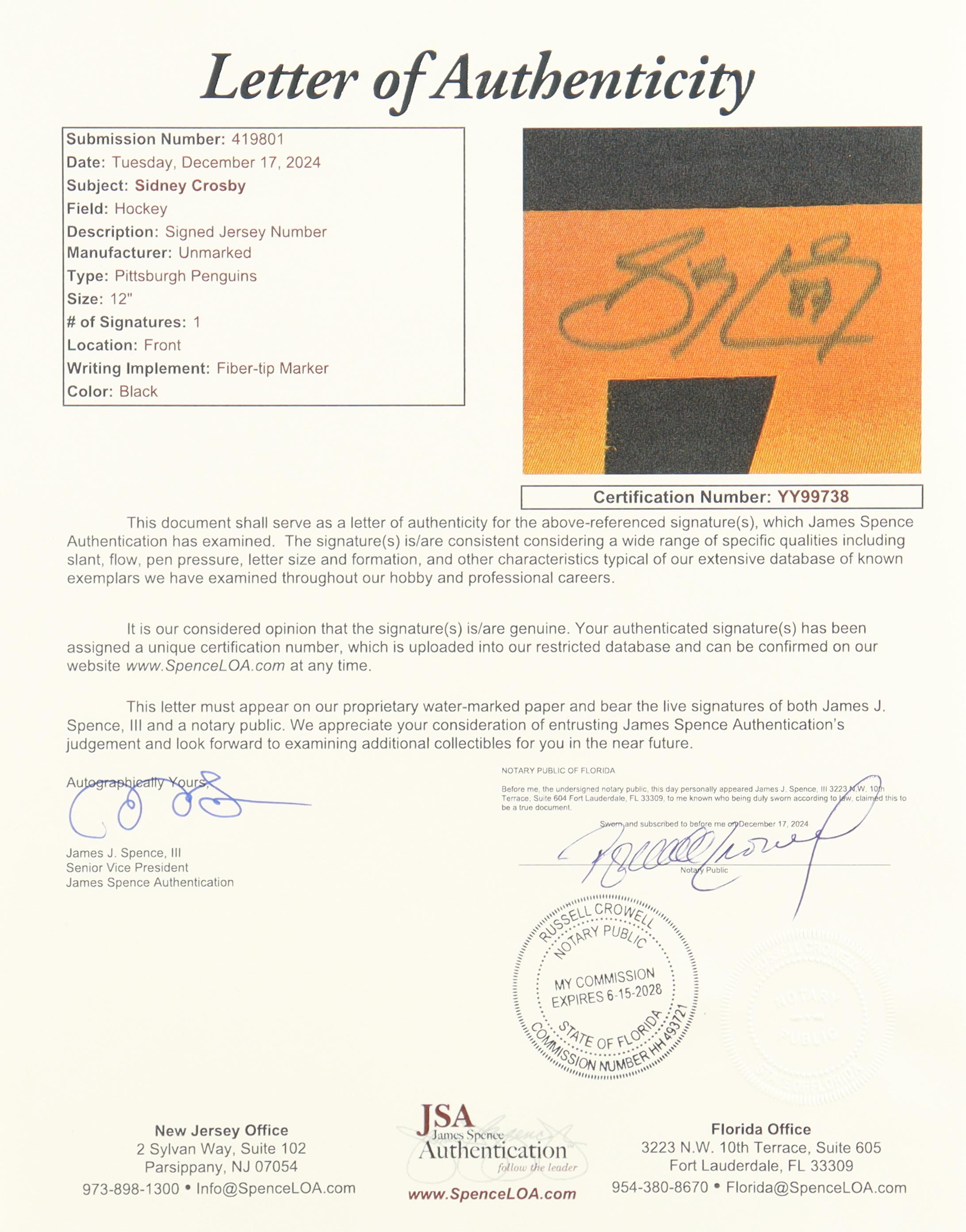 Sidney Crosby Signed Penguins Fanatics Authentic Jersey with Captain's Patch (JSA) at PristineAuction.com Sidney Crosby Signed Penguins Fanatics Authentic Jersey with Captain's Patch (JSA) at PristineAuction.com