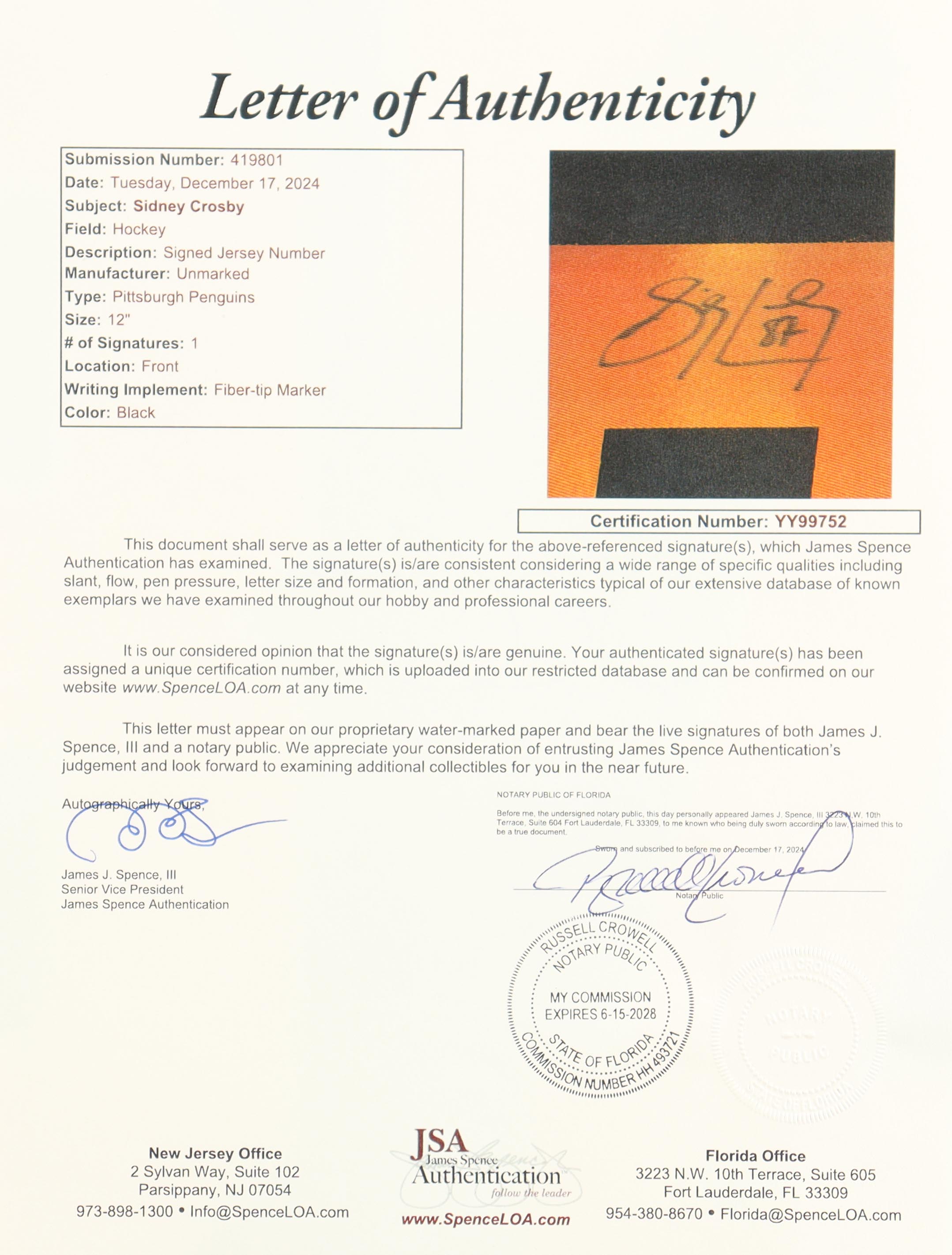 Sidney Crosby Signed Penguins Fanatics Authentic Jersey with Captain's Patch (JSA) at PristineAuction.com Sidney Crosby Signed Penguins Fanatics Authentic Jersey with Captain's Patch (JSA) at PristineAuction.com