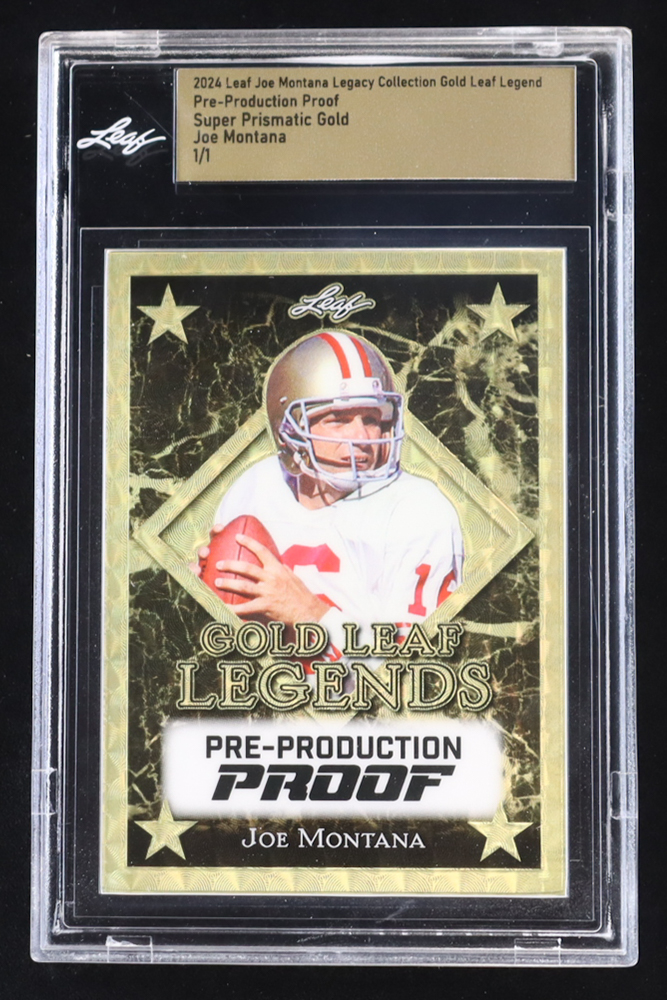 Joe Montana 2024 Leaf Joe Montana Legacy Gold Leaf Legends Pre-Production Proof Super Prismatic Gold #NNO #1/1 (Leaf Encapsulated) at PristineAuction.com Joe Montana 2024 Leaf Joe Montana Legacy Gold Leaf Legends Pre-Production Proof Super Prismatic Gold #NNO #1/1 (Leaf Encapsulated) at PristineAuction.com