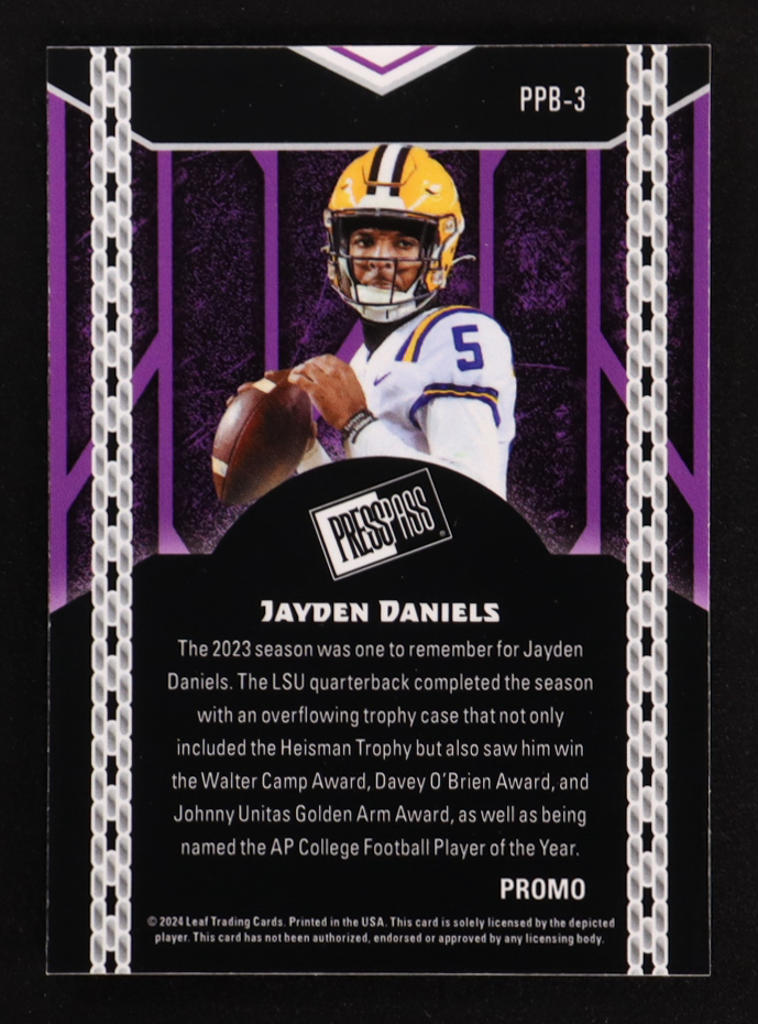 Jayden Daniels 2024 Leaf Collective Promo Press Pass Shimmer Light Blue #PPB3 RC at PristineAuction.com Jayden Daniels 2024 Leaf Collective Promo Press Pass Shimmer Light Blue #PPB3 RC at PristineAuction.com