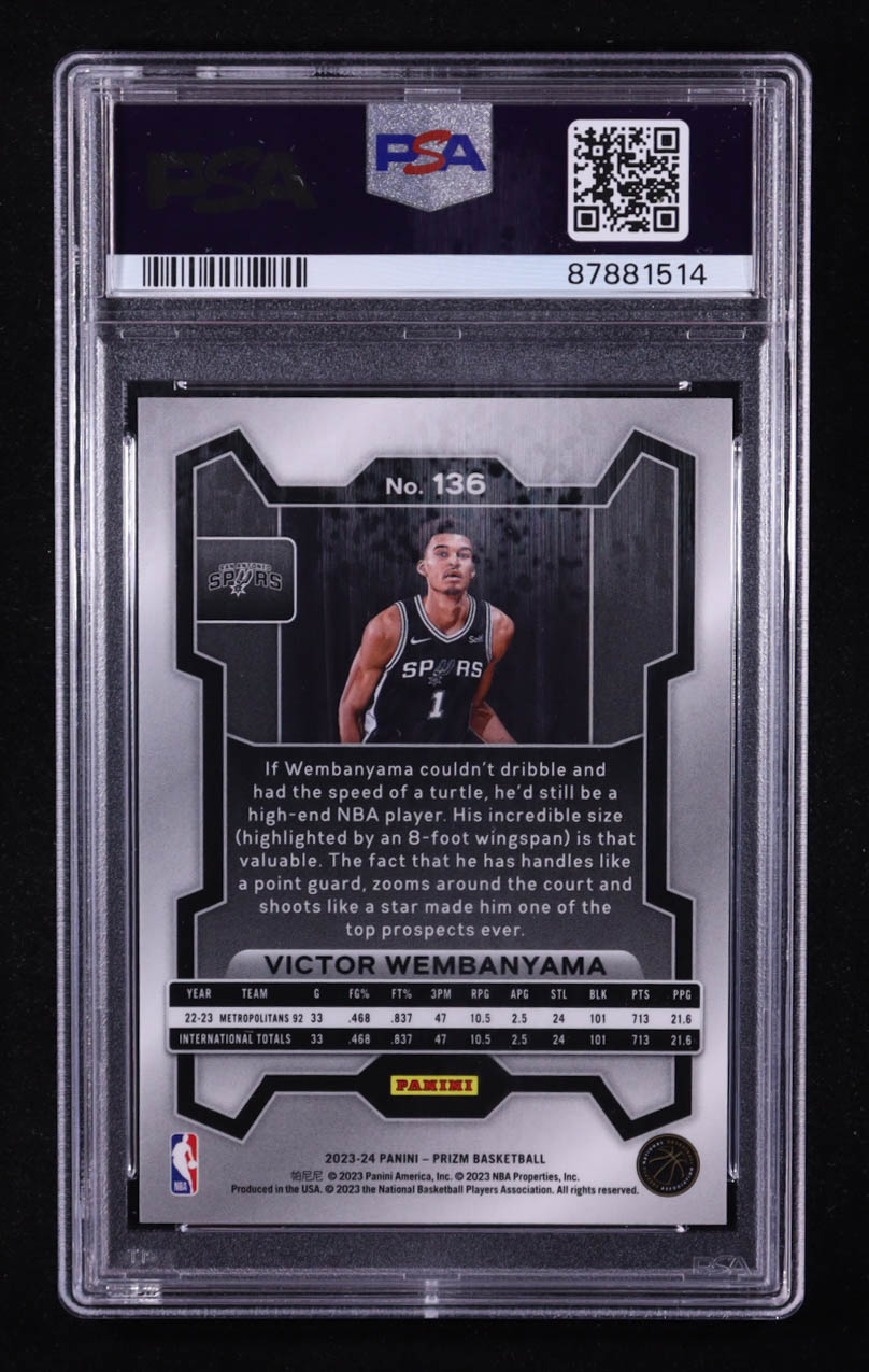 Victor Wembanyama 2023-24 Panini Prizm #136 RC (PSA 10) at PristineAuction.com Victor Wembanyama 2023-24 Panini Prizm #136 RC (PSA 10) at PristineAuction.com