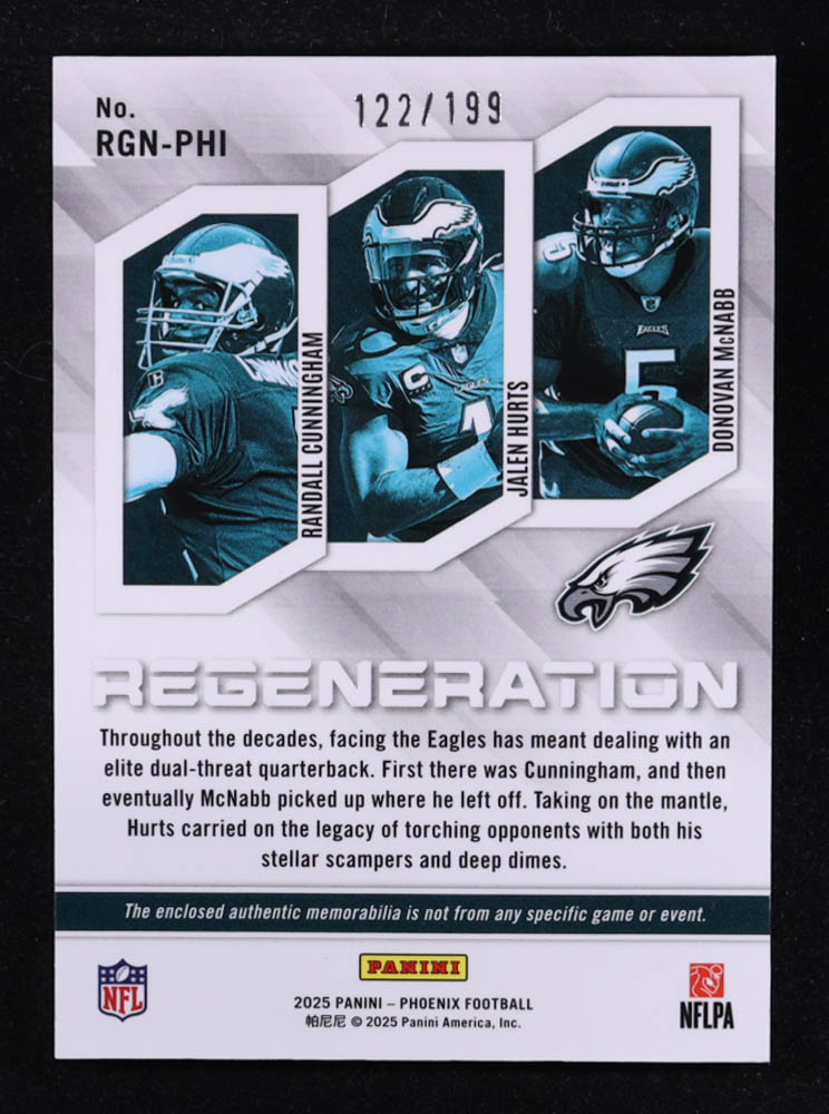 Randall Cunningham / Donovan McNabb / Jalen Hurts 2025 Panini Phoenix Regeneration Jerseys Blue #4 #122/199 at PristineAuction.com Randall Cunningham / Donovan McNabb / Jalen Hurts 2025 Panini Phoenix Regeneration Jerseys Blue #4 #122/199 at PristineAuction.com
