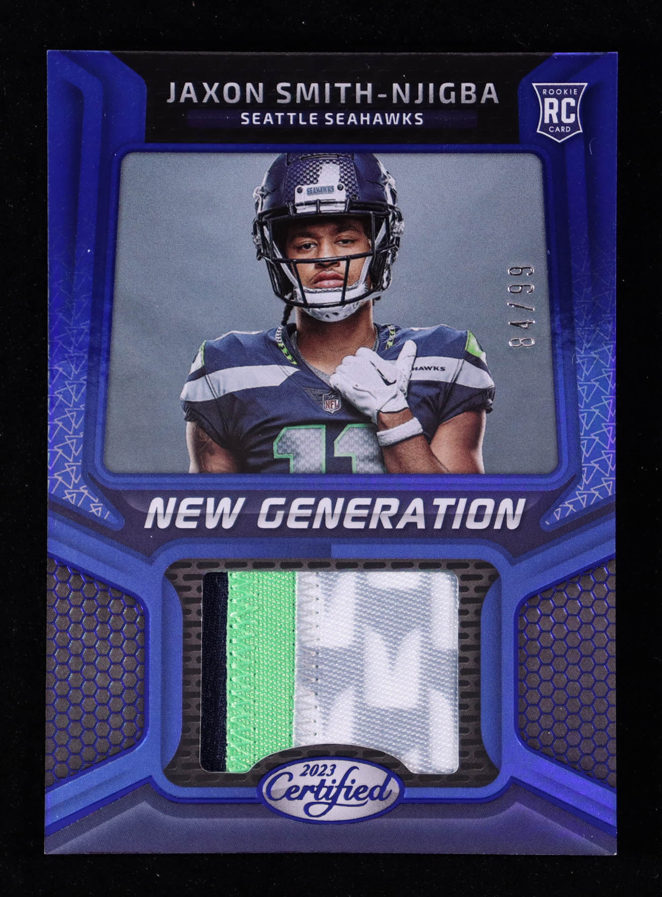 Jaxon Smith-Njigba 2023 Certified New Generation Jerseys Mirror Blue #41 RC #84/99 at PristineAuction.com Jaxon Smith-Njigba 2023 Certified New Generation Jerseys Mirror Blue #41 RC #84/99 at PristineAuction.com