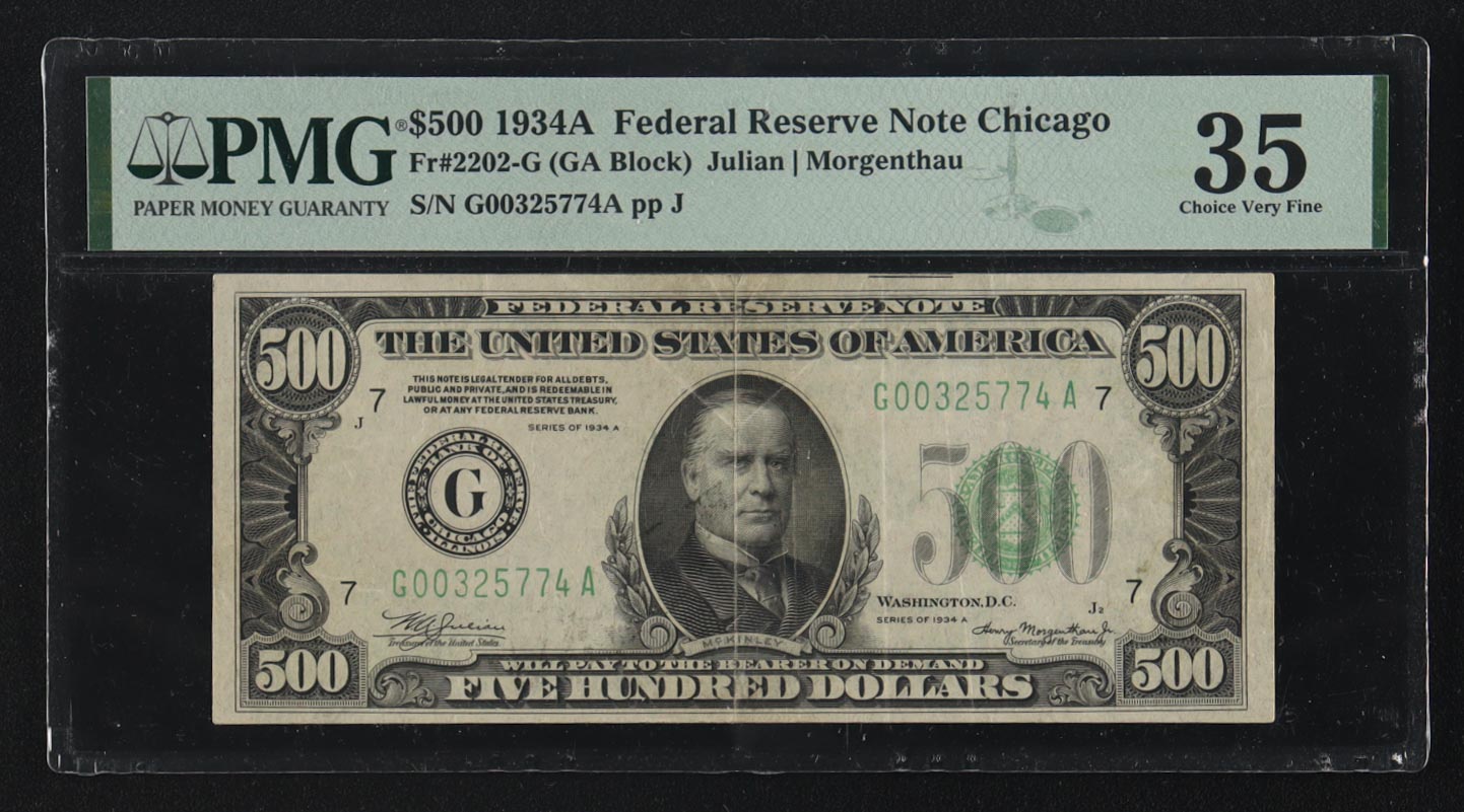 1934 United States of America $500 Five Hundred Dollar Federal Reserve Note (PMG 35) at PristineAuction.com 1934 United States of America $500 Five Hundred Dollar Federal Reserve Note (PMG 35) at PristineAuction.com