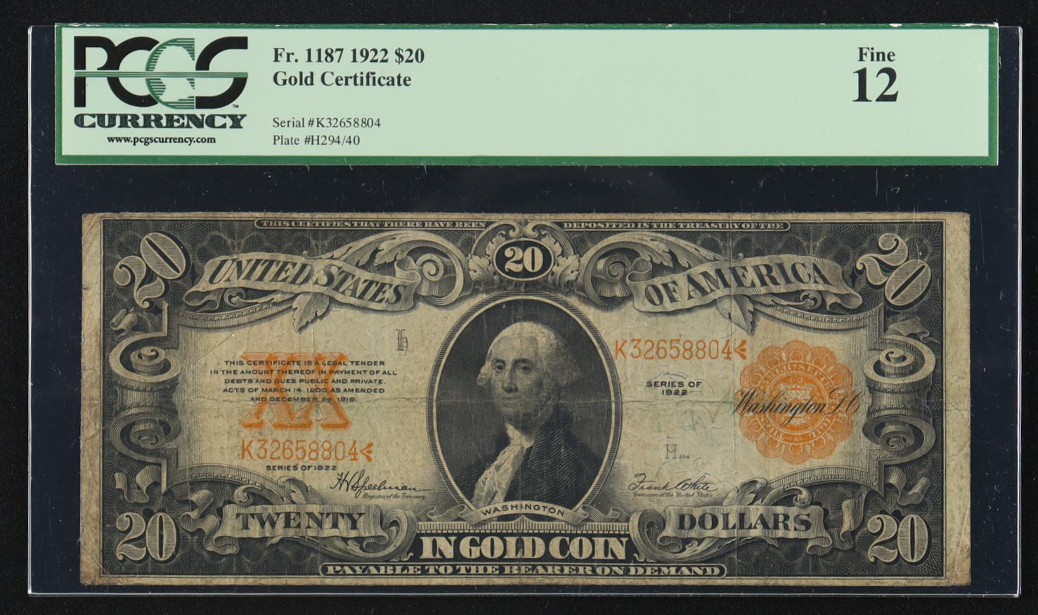 1922 United States of America $20 Twenty Dollar Gold Certificate Note (PCGS 12) at PristineAuction.com 1922 United States of America $20 Twenty Dollar Gold Certificate Note (PCGS 12) at PristineAuction.com
