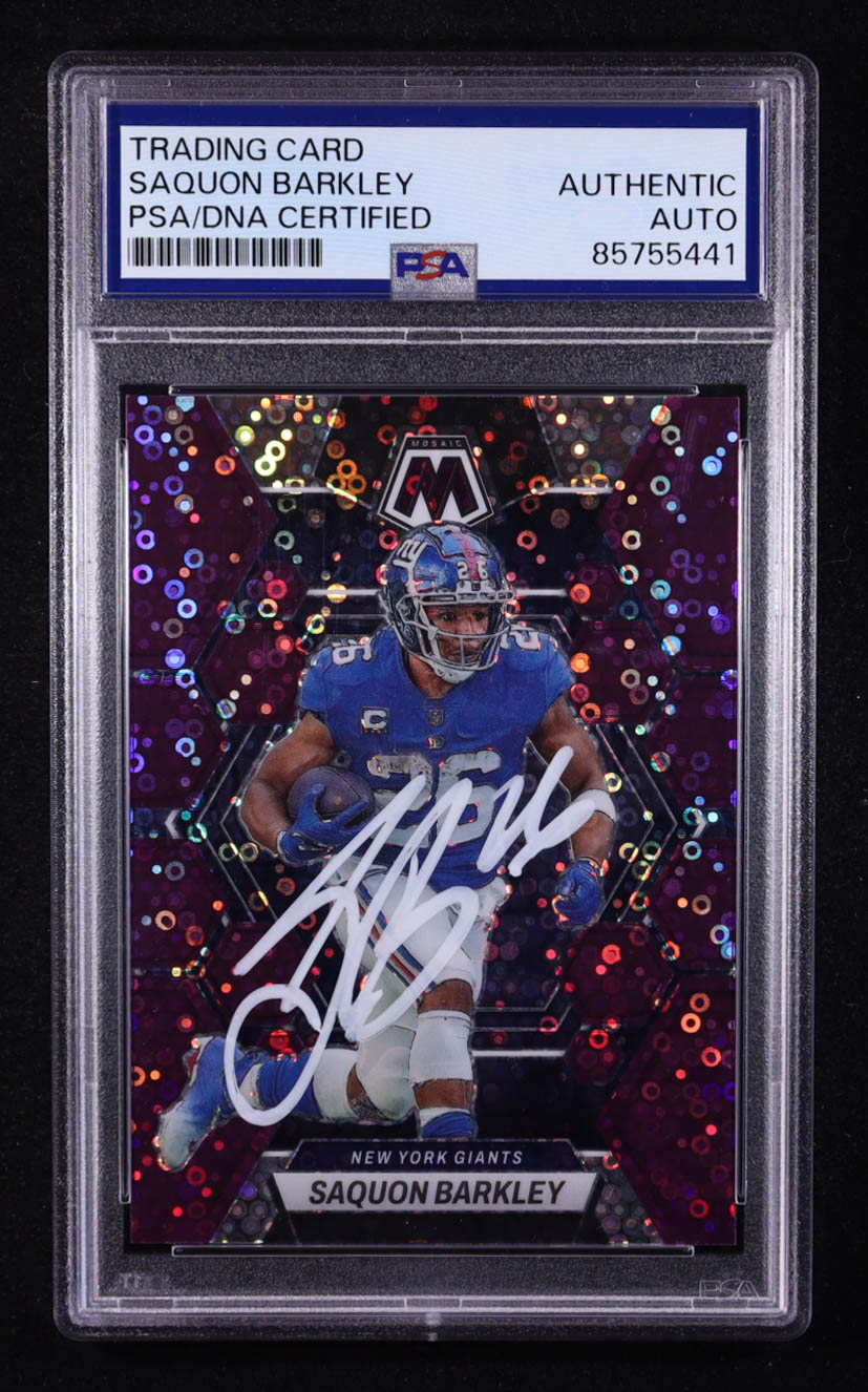 Saquon Barkley Signed 2023 Panini Prizm Mosaic Pink Camo #177 #31/50 (PSA) at PristineAuction.com Saquon Barkley Signed 2023 Panini Prizm Mosaic Pink Camo #177 #31/50 (PSA) at PristineAuction.com