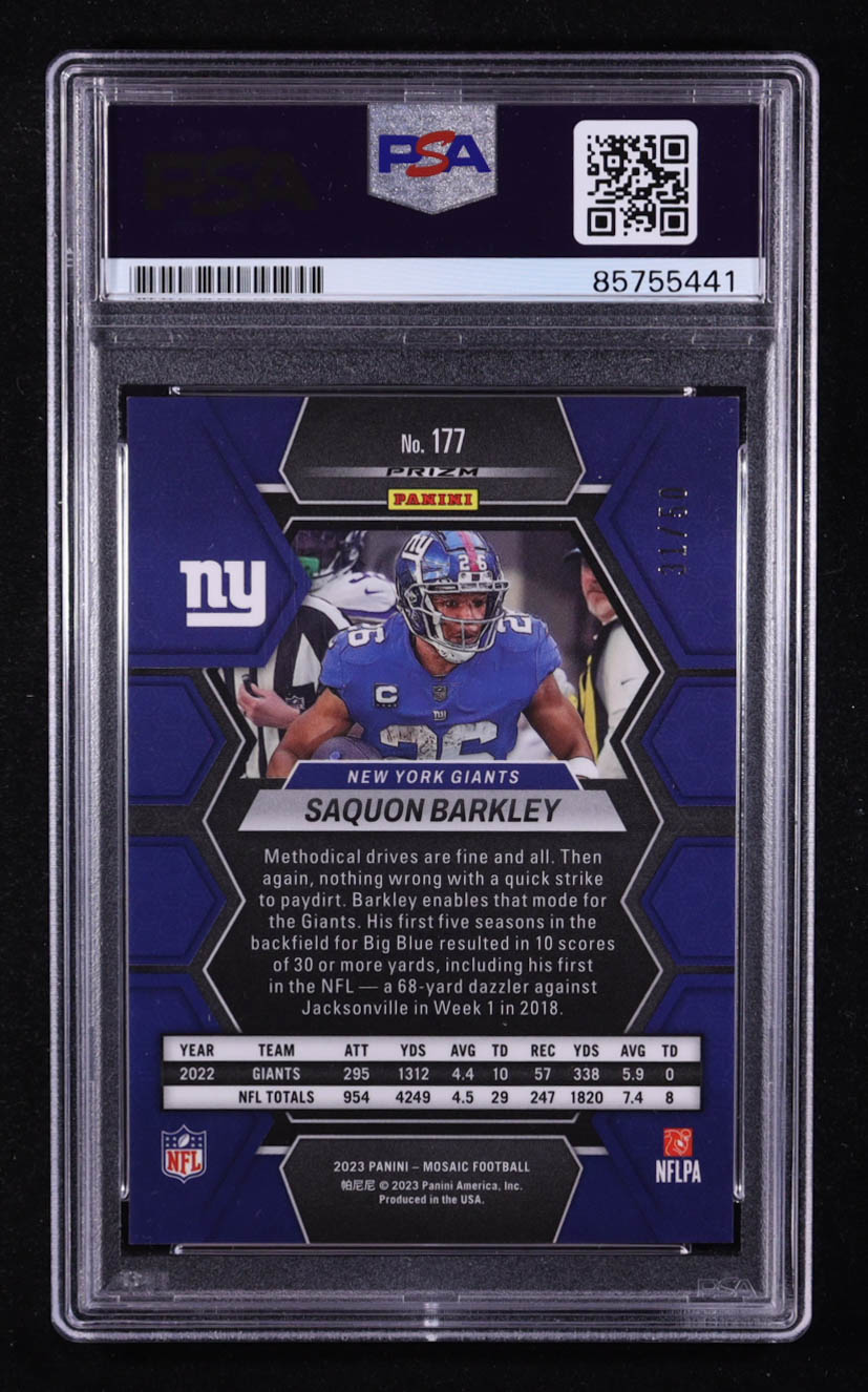 Saquon Barkley Signed 2023 Panini Prizm Mosaic Pink Camo #177 #31/50 (PSA) at PristineAuction.com Saquon Barkley Signed 2023 Panini Prizm Mosaic Pink Camo #177 #31/50 (PSA) at PristineAuction.com