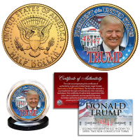 Donald Trump U.S. Genuine Legal Tender 24Kt Gold Plated Colorized Kennedy Half Dollar Coin at PristineAuction.com