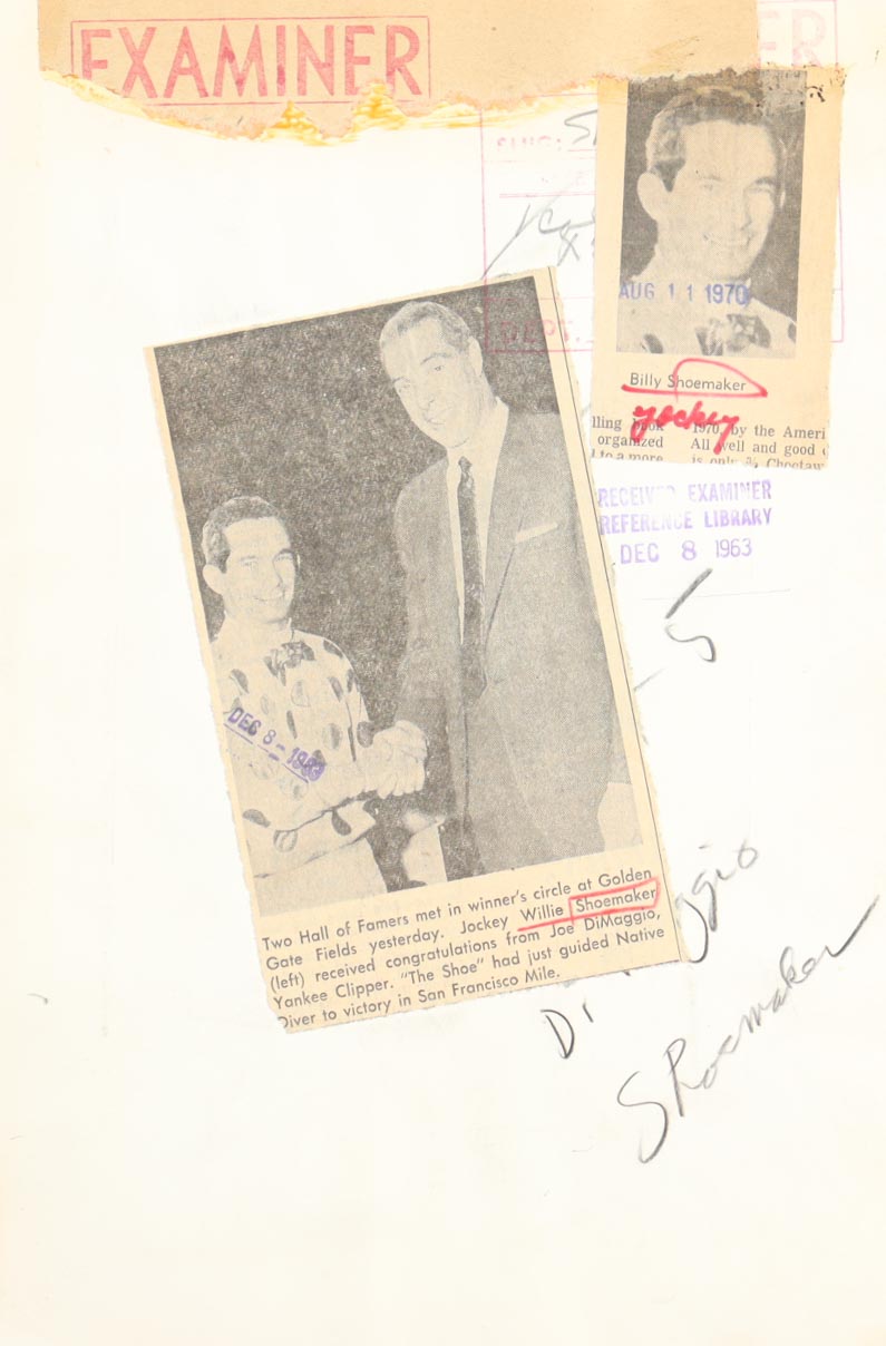 Original Vintage 1963 UPI Newspaper Used "Joe DiMaggio Meets Willie Shoemaker" 7x11 Photograph at PristineAuction.com Original Vintage 1963 UPI Newspaper Used "Joe DiMaggio Meets Willie Shoemaker" 7x11 Photograph at PristineAuction.com