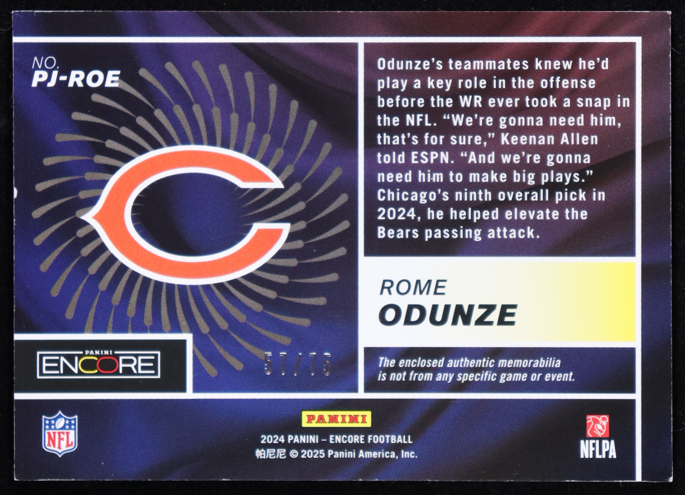 Rome Odunze 2024 Panini Encore Pinnacle Jerseys Red #17 RC #57/75 at PristineAuction.com Rome Odunze 2024 Panini Encore Pinnacle Jerseys Red #17 RC #57/75 at PristineAuction.com