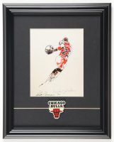 Leroy Neiman Signed Michael Jordan Custom Framed Art Print Display with Jumbo Chicago Bulls Pins at PristineAuction.com