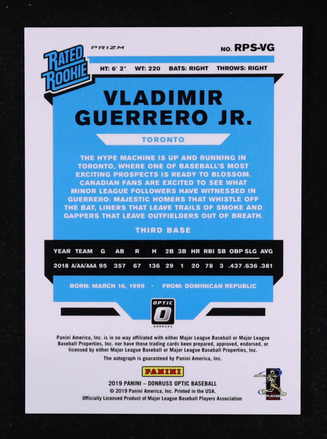 Vladimir Guerrero Jr. 2019 Donruss Optic Rated Rookies Signatures Pink Velocity #47 RC at PristineAuction.com Vladimir Guerrero Jr. 2019 Donruss Optic Rated Rookies Signatures Pink Velocity #47 RC at PristineAuction.com