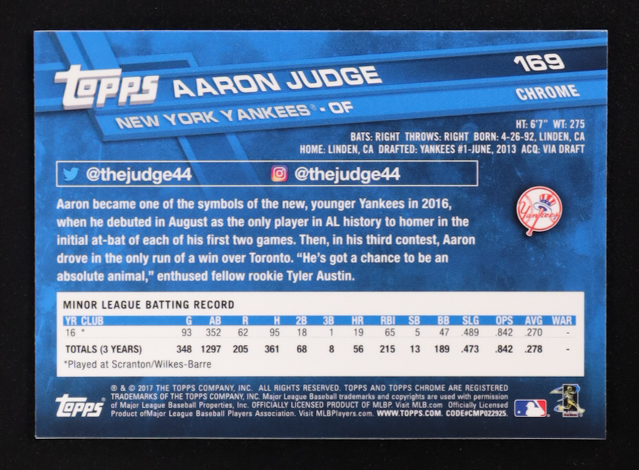 Aaron Judge 2017 Topps Chrome #169 RC at PristineAuction.com Aaron Judge 2017 Topps Chrome #169 RC at PristineAuction.com