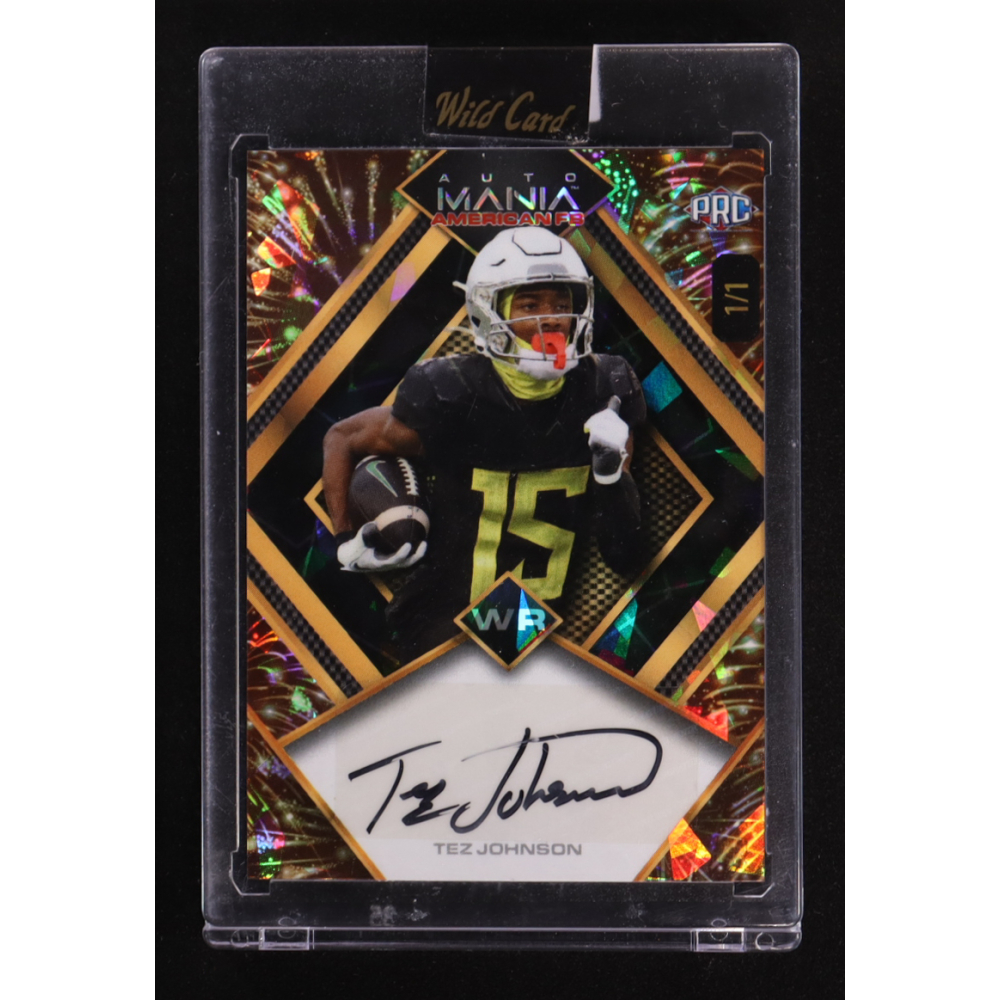 Tez Johnson 2024 Wild Card Auto Mania American FB Autographs Diamond Fireworks Crystal Foil #AMAD-TJ #1/1 RC at PristineAuction.com