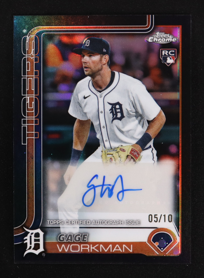 Gage Workman 2025 Topps Chrome Update Autographs Black Refractors #ACGW #05/10 RC at PristineAuction.com Gage Workman 2025 Topps Chrome Update Autographs Black Refractors #ACGW #05/10 RC at PristineAuction.com