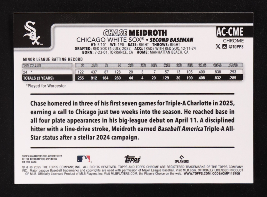 Chase Meidroth 2025 Topps Chrome Update Autographs Black Refractors #ACCME #05/10 RC at PristineAuction.com Chase Meidroth 2025 Topps Chrome Update Autographs Black Refractors #ACCME #05/10 RC at PristineAuction.com