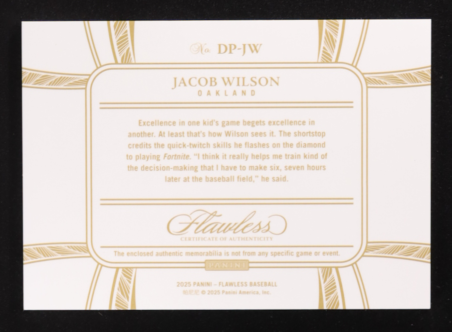 Jacob Wilson 2025 Panini Flawless Dual Patches Ruby #14 #15/20 at PristineAuction.com Jacob Wilson 2025 Panini Flawless Dual Patches Ruby #14 #15/20 at PristineAuction.com