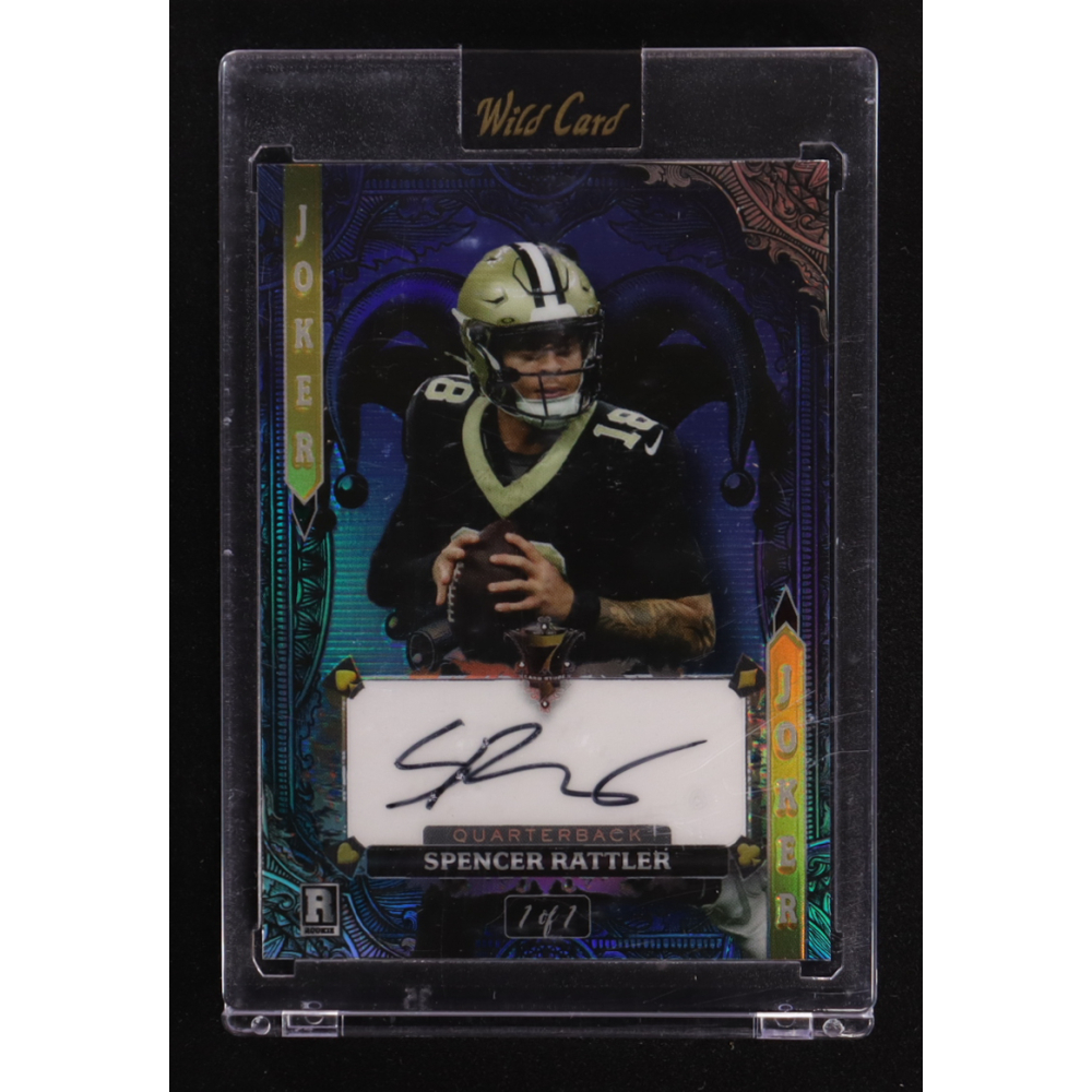 Spencer Rattler 2024 Wild Card 7 Card Studs Autographs Joker Blue Rainbow Foil #A7CJ-SR #1/1 RC at PristineAuction.com