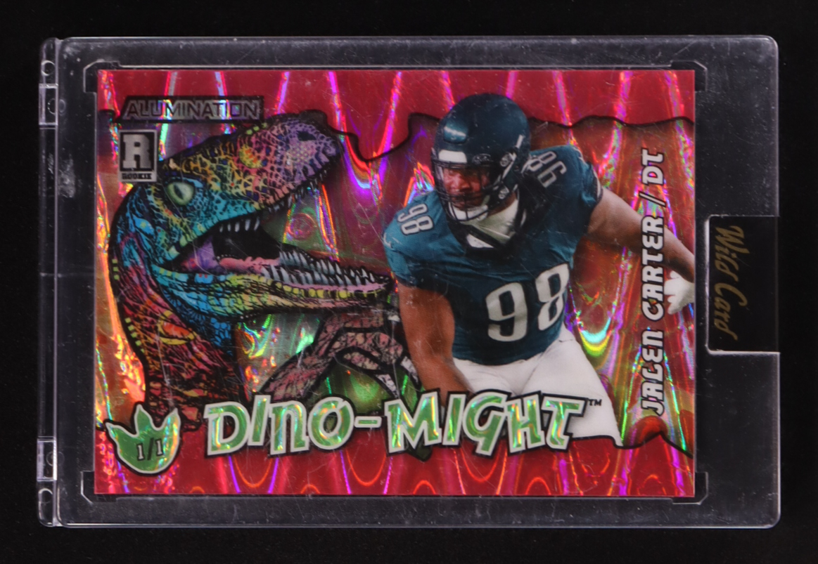 Jalen Carter 2023 Wild Card Alumination Dino-Might Raptor Pink RayWave #ADJC #1/1 RC at PristineAuction.com Jalen Carter 2023 Wild Card Alumination Dino-Might Raptor Pink RayWave #ADJC #1/1 RC at PristineAuction.com
