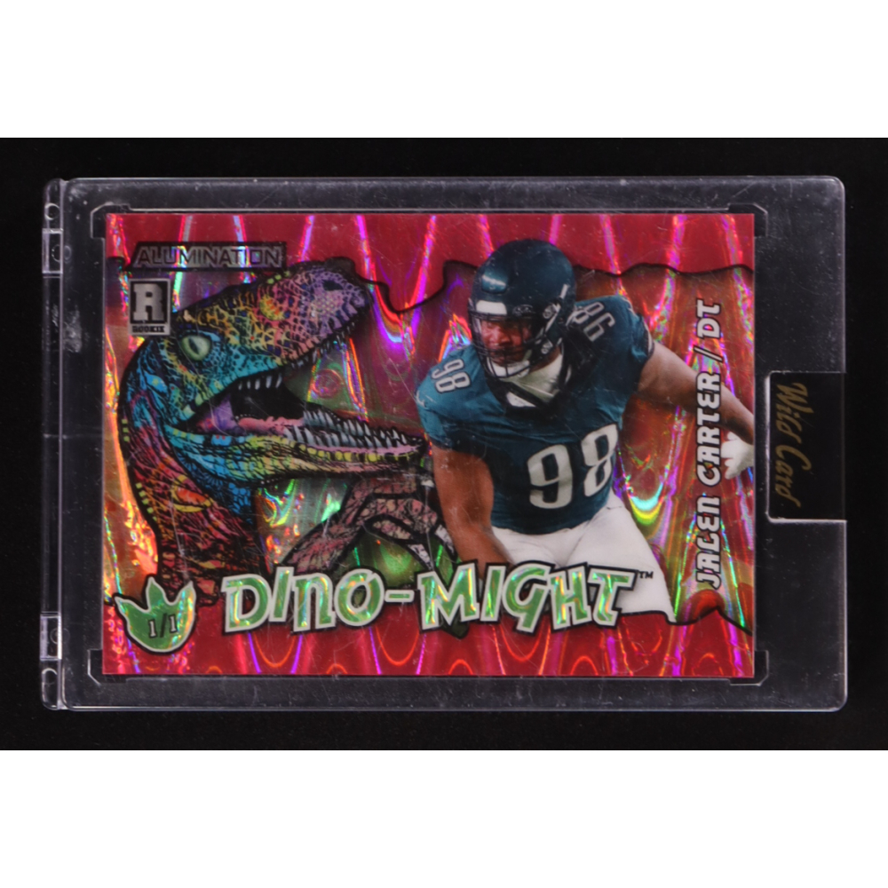 Jalen Carter 2023 Wild Card Alumination Dino-Might Raptor Pink RayWave #ADJC #1/1 RC at PristineAuction.com