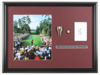 "Tiger Woods on the 18th Tee at The Masters" Custom Framed Photo Display with Scorecard, Masters Pin, & Divot Tool at PristineAuction.com
