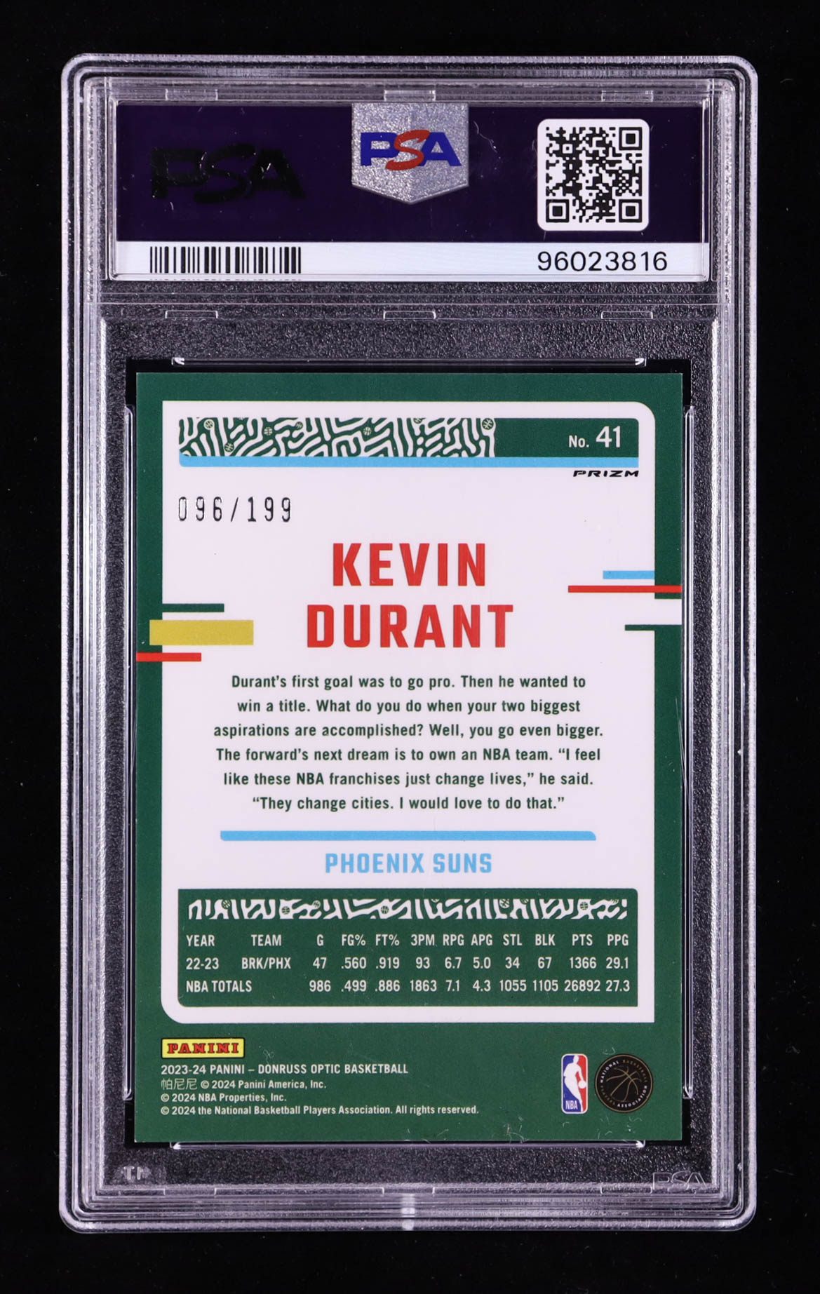 Kevin Durant 2023-24 Donruss Optic Orange #41 #096/199 (PSA 10) at PristineAuction.com Kevin Durant 2023-24 Donruss Optic Orange #41 #096/199 (PSA 10) at PristineAuction.com