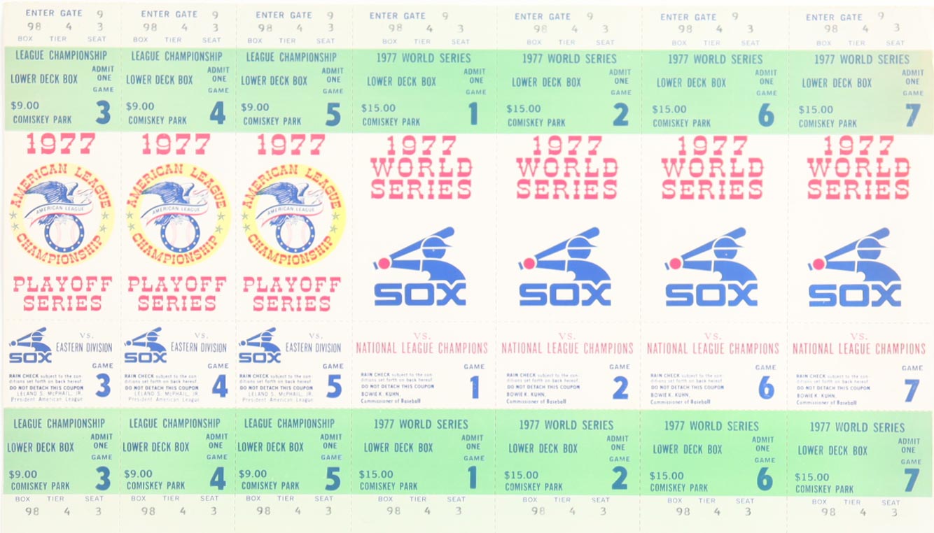1977 Chicago White Sox Uncut Sheet of (7) ALCS Playoff & World Series Tickets at PristineAuction.com 1977 Chicago White Sox Uncut Sheet of (7) ALCS Playoff & World Series Tickets at PristineAuction.com