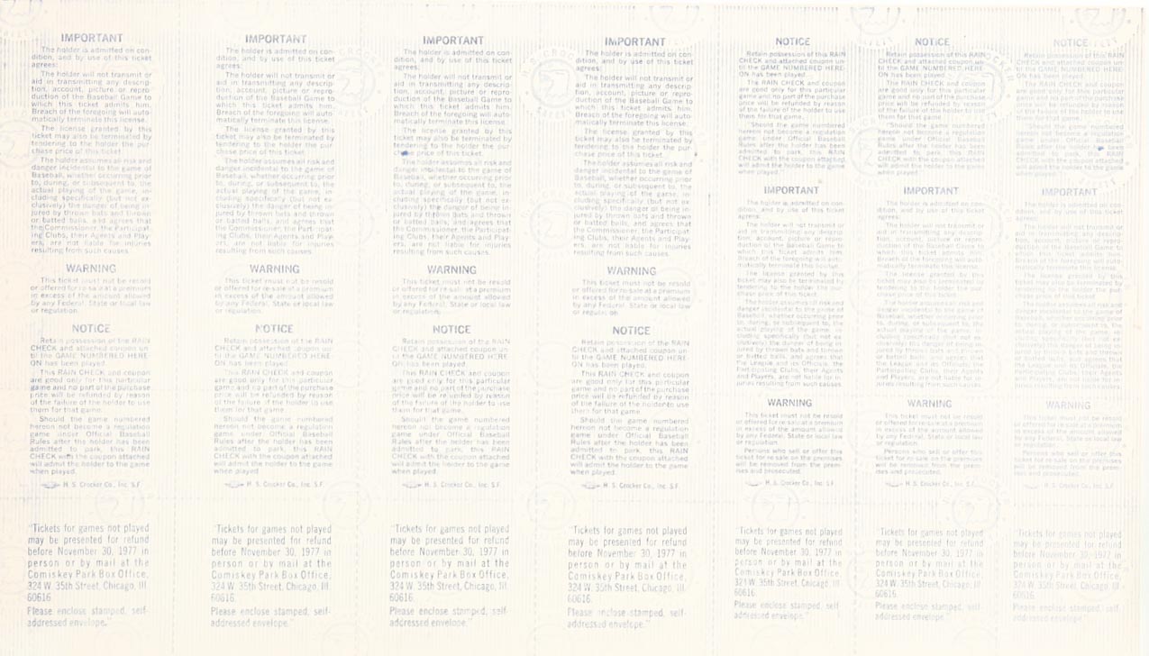 1977 Chicago White Sox Uncut Sheet of (7) ALCS Playoff & World Series Tickets at PristineAuction.com 1977 Chicago White Sox Uncut Sheet of (7) ALCS Playoff & World Series Tickets at PristineAuction.com