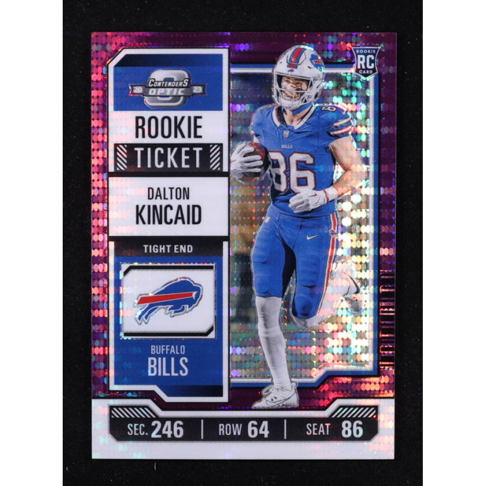 Dalton Kincaid 2023 Panini Contenders Optic Purple Pulsar #65 RC #16/26 at PristineAuction.com