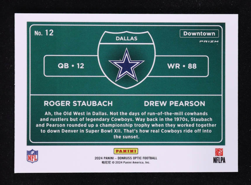 Drew Pearson / Roger Staubach 2024 Donruss Optic Downtown Duos #12 at PristineAuction.com Drew Pearson / Roger Staubach 2024 Donruss Optic Downtown Duos #12 at PristineAuction.com