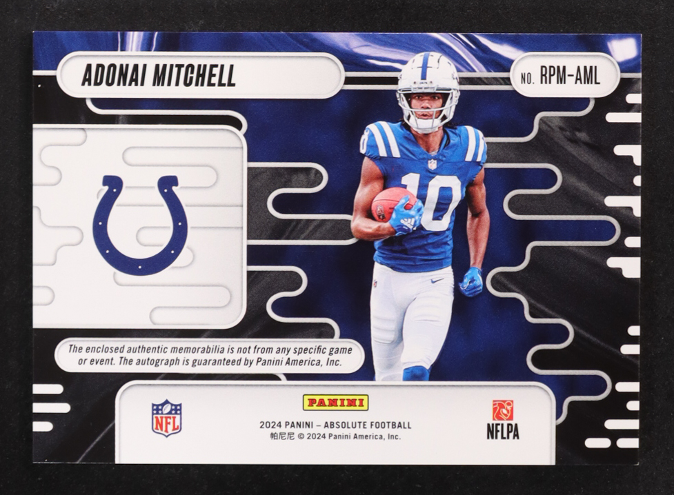 Adonai Mitchell 2024 Absolute Rookie Premiere Materials Autographs #13 #272/399 RC at PristineAuction.com Adonai Mitchell 2024 Absolute Rookie Premiere Materials Autographs #13 #272/399 RC at PristineAuction.com