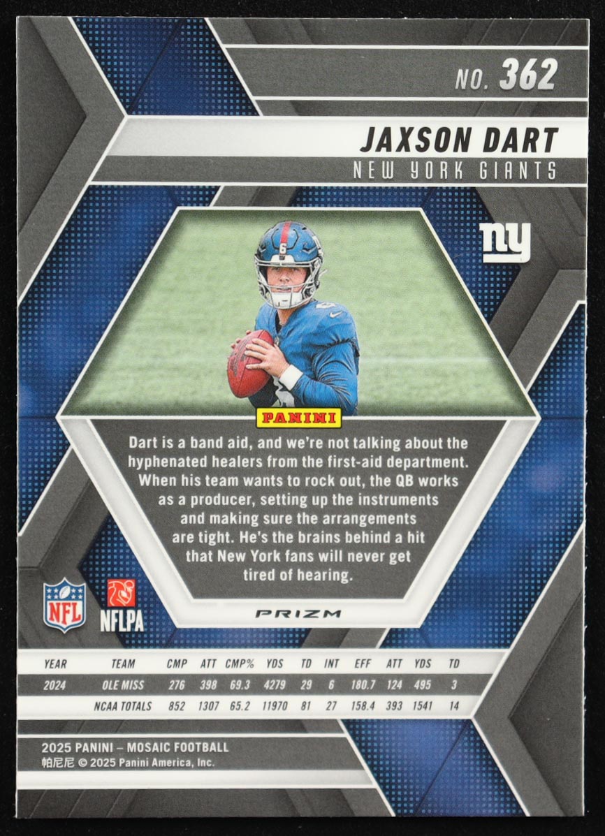 Jaxson Dart 2025 Panini Mosaic Silver #362 RC at PristineAuction.com Jaxson Dart 2025 Panini Mosaic Silver #362 RC at PristineAuction.com