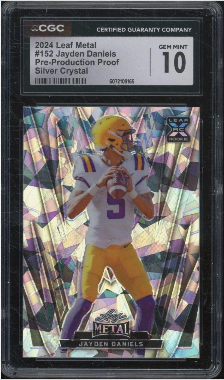 Jayden Daniels 2024 Leaf Metal Pre-Production Proof Silver Crystal #152 RC #1/1 (CGC 10) at PristineAuction.com Jayden Daniels 2024 Leaf Metal Pre-Production Proof Silver Crystal #152 RC #1/1 (CGC 10) at PristineAuction.com