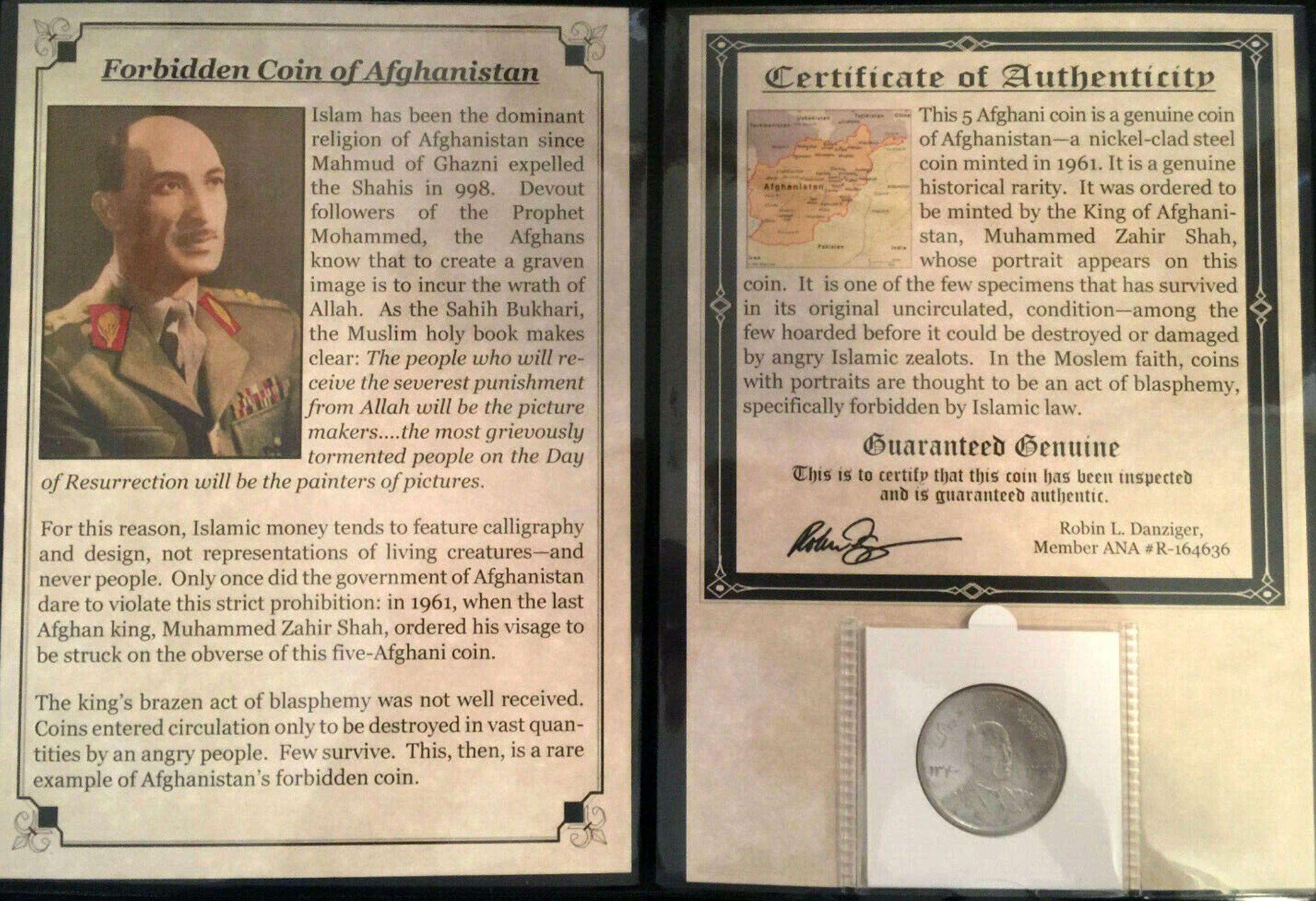 Forbidden Coin of Afghanistan 5 Afghanis with Display Folder at PristineAuction.com Forbidden Coin of Afghanistan 5 Afghanis with Display Folder at PristineAuction.com