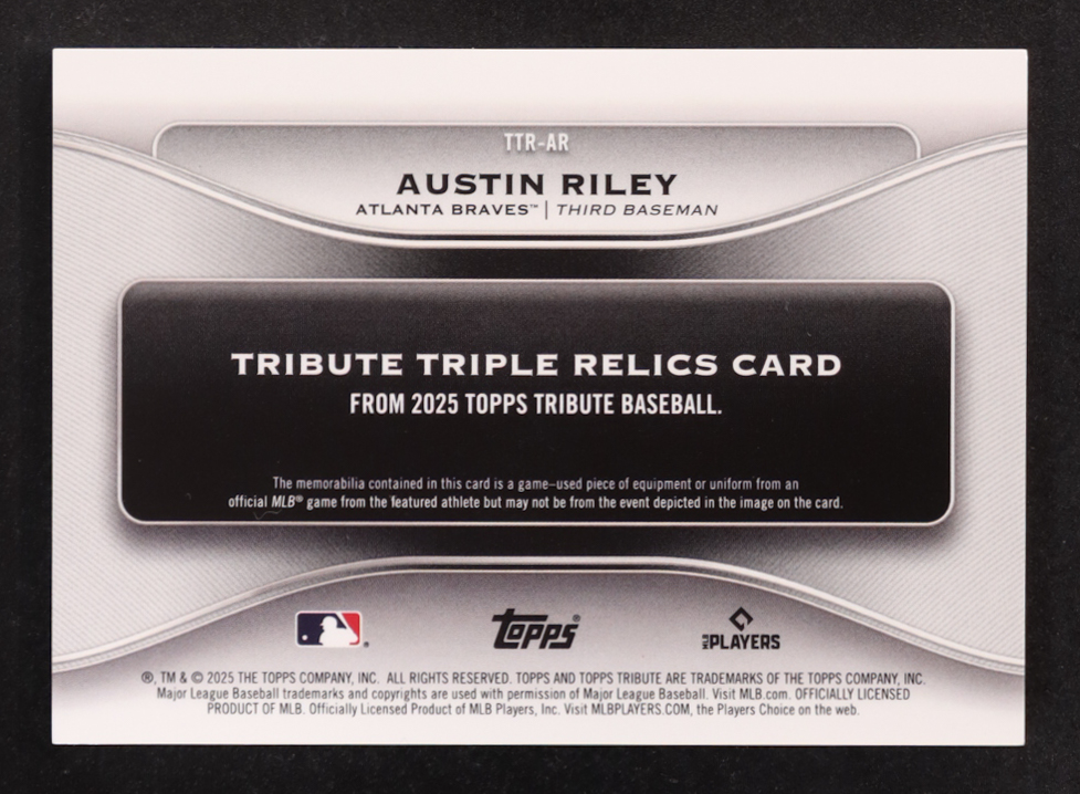 Austin Riley 2025 Topps Tribute Triple Relics #TTRAR #091/199 at PristineAuction.com Austin Riley 2025 Topps Tribute Triple Relics #TTRAR #091/199 at PristineAuction.com