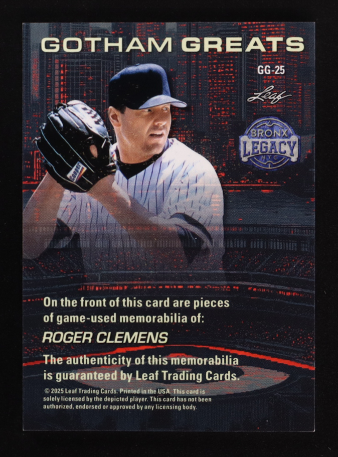 Roger Clemens 2025 Leaf A Bronx Legacy Gotham Greats Memorabilia Spectrum Purple Holofoil #GG25 #8/25 at PristineAuction.com Roger Clemens 2025 Leaf A Bronx Legacy Gotham Greats Memorabilia Spectrum Purple Holofoil #GG25 #8/25 at PristineAuction.com