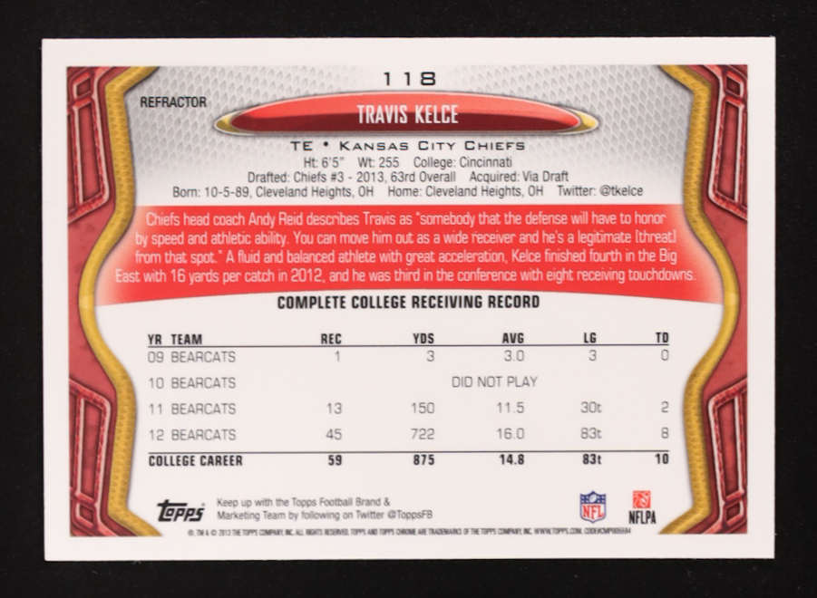 Travis Kelce 2013 Topps Chrome Refractors #118 RC at PristineAuction.com Travis Kelce 2013 Topps Chrome Refractors #118 RC at PristineAuction.com