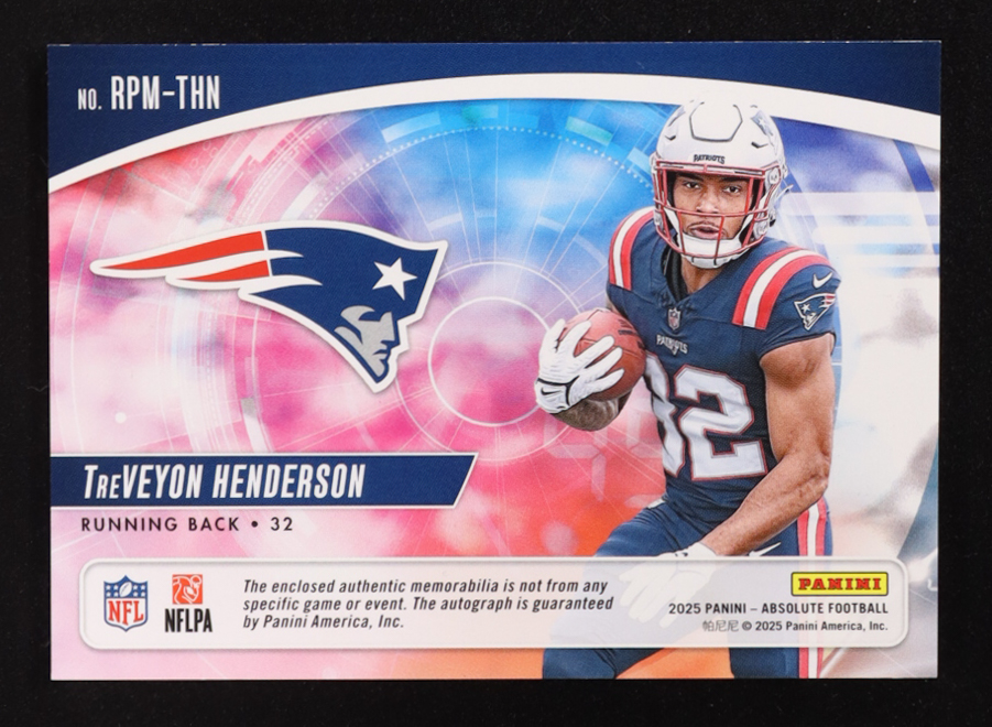 TreVeyon Henderson 2025 Absolute Rookie Premiere Materials Autographs #10 RC #127/399 at PristineAuction.com TreVeyon Henderson 2025 Absolute Rookie Premiere Materials Autographs #10 RC #127/399 at PristineAuction.com