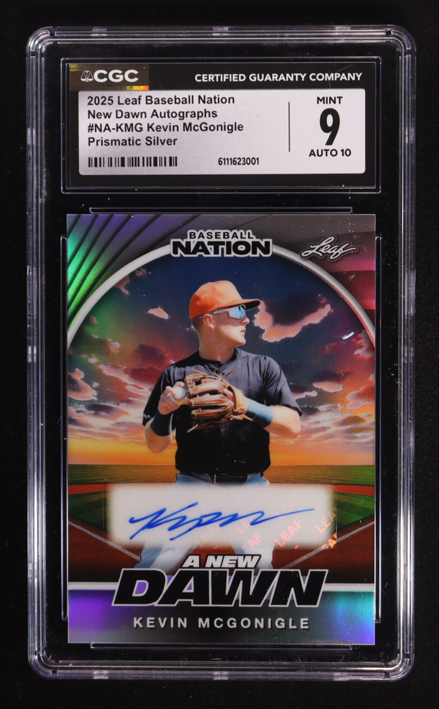 Kevin McGonigle 2025 Leaf Baseball Nation New Dawn Autographs Prismatic Silver #NA-KMG #9/15 (CGC 9) at PristineAuction.com Kevin McGonigle 2025 Leaf Baseball Nation New Dawn Autographs Prismatic Silver #NA-KMG #9/15 (CGC 9) at PristineAuction.com