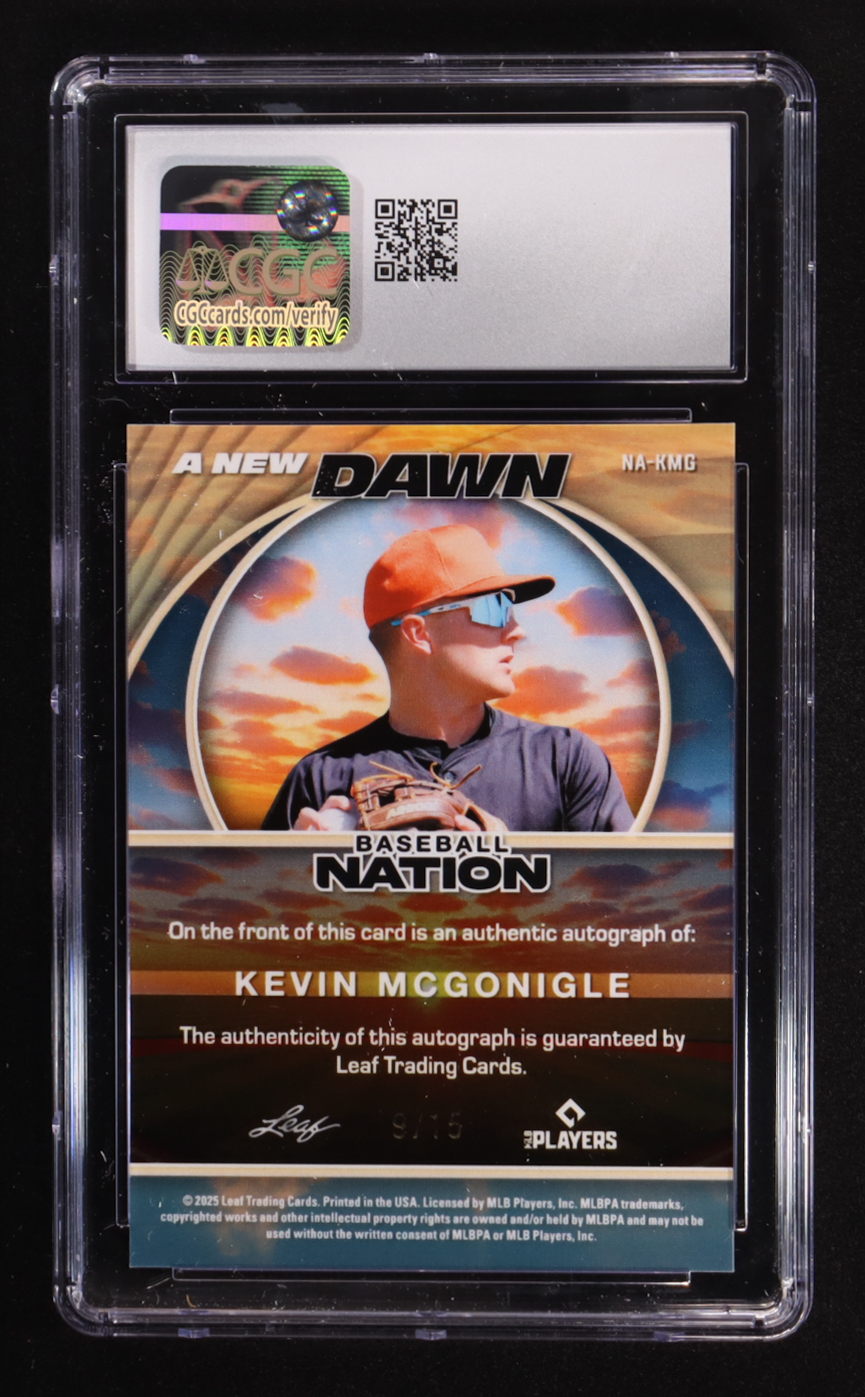 Kevin McGonigle 2025 Leaf Baseball Nation New Dawn Autographs Prismatic Silver #NA-KMG #9/15 (CGC 9) at PristineAuction.com Kevin McGonigle 2025 Leaf Baseball Nation New Dawn Autographs Prismatic Silver #NA-KMG #9/15 (CGC 9) at PristineAuction.com