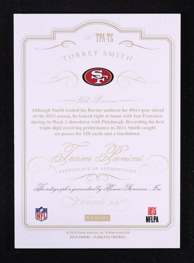 Torrey Smith 2015 Panini Flawless Team Panini Autographs Platinum #TPATS #1/1 at PristineAuction.com Torrey Smith 2015 Panini Flawless Team Panini Autographs Platinum #TPATS #1/1 at PristineAuction.com