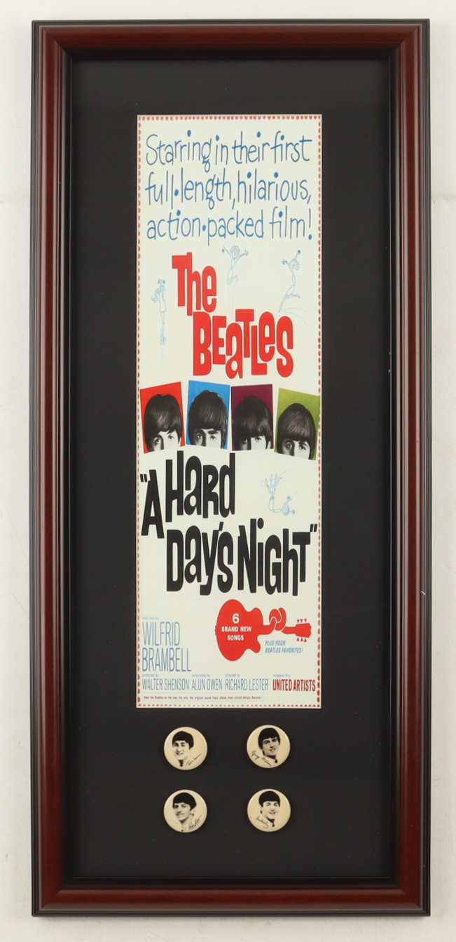 "Hard Days Night" Custom Framed "The Beatles" Poster Print Display With Set of (4) Lapel Pins at PristineAuction.com "Hard Days Night" Custom Framed "The Beatles" Poster Print Display With Set of (4) Lapel Pins at PristineAuction.com